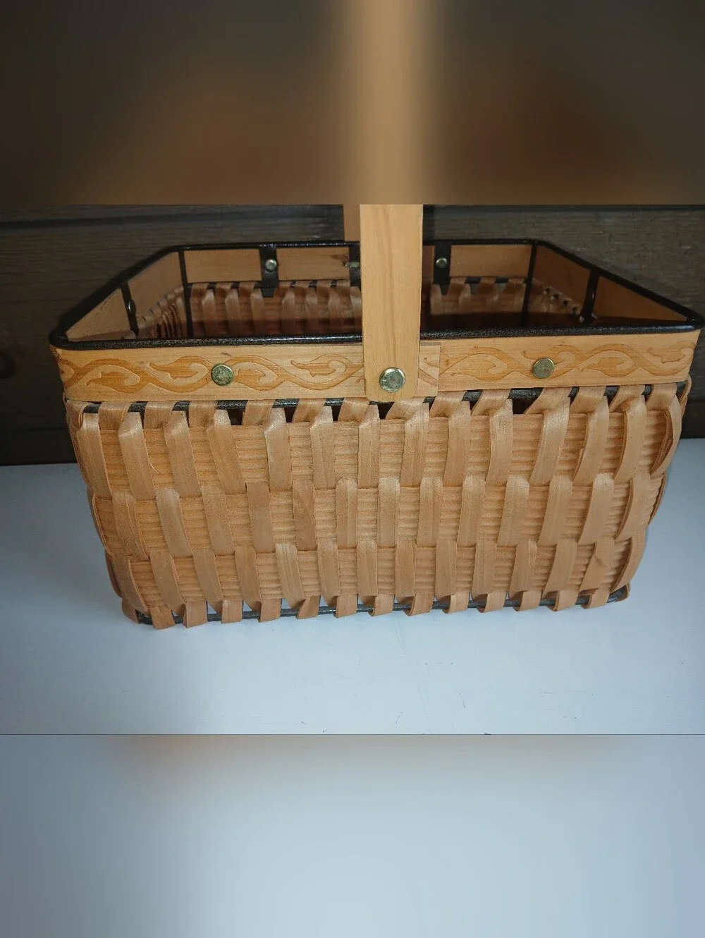 Rectangular Wicker & Metal Basket W Handle Great Shape Very Sturdy